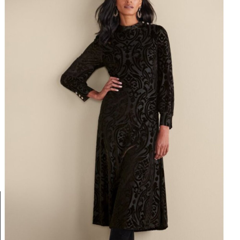 NWT Soft Surroundings Hadley Velvet Dress Black Abstract Modest Modern 16 Petite